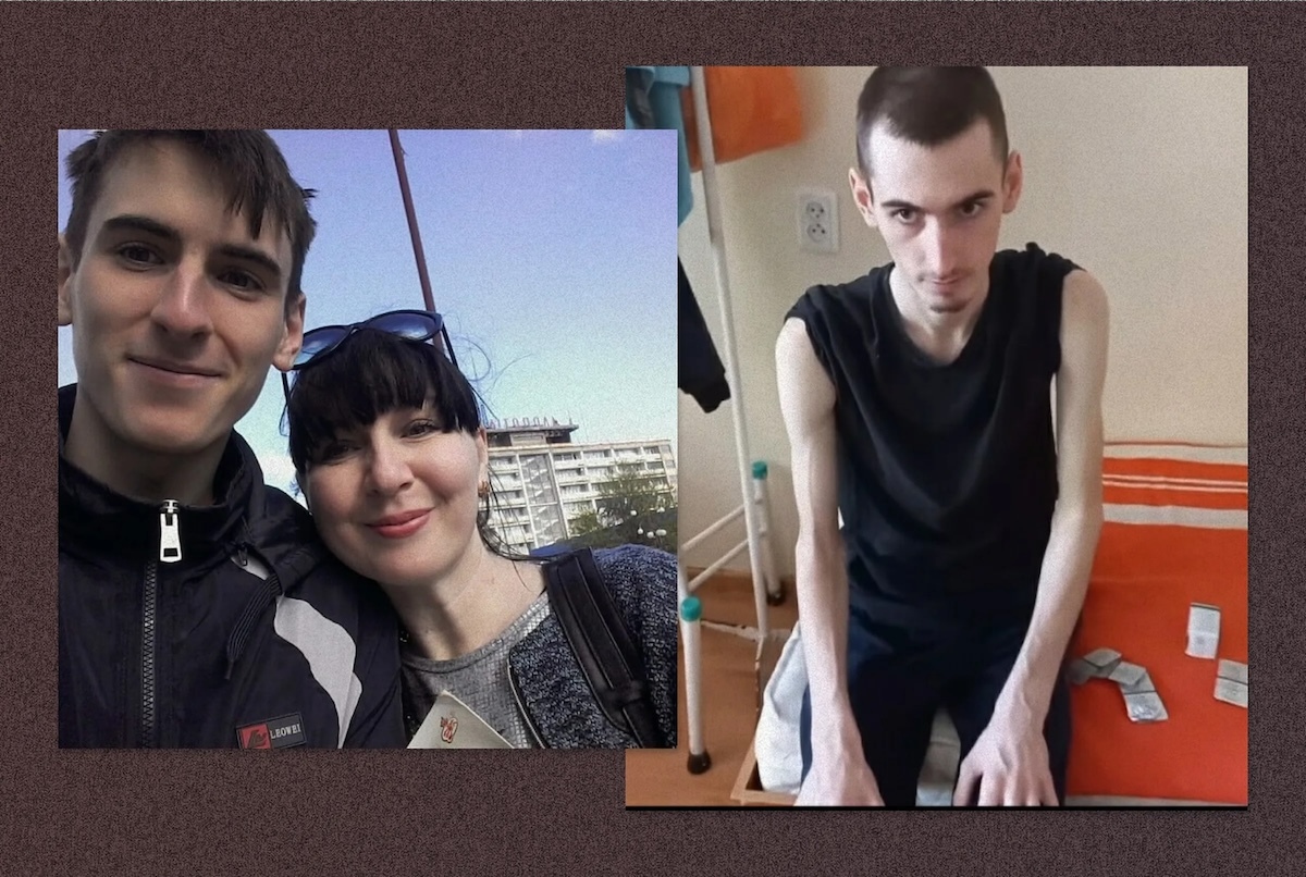 Leonid Popow mit seiner Mutter Anna vor der russischen Invasion (links) und nach drei Monaten in russischer Gefangenschaft (rechts) / Foto © privat/iStories 