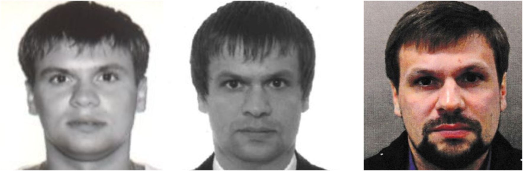 V. l. n. r. - Anatoli Tschepiga (russische Passdatenbank 2003), Ruslan Boschirow (russische Passdatenbank 2012) und Ruslan Boschirow (Fahndungsfoto der britischen Polizei 2018) / Quelle: The Insider/Bellingcat