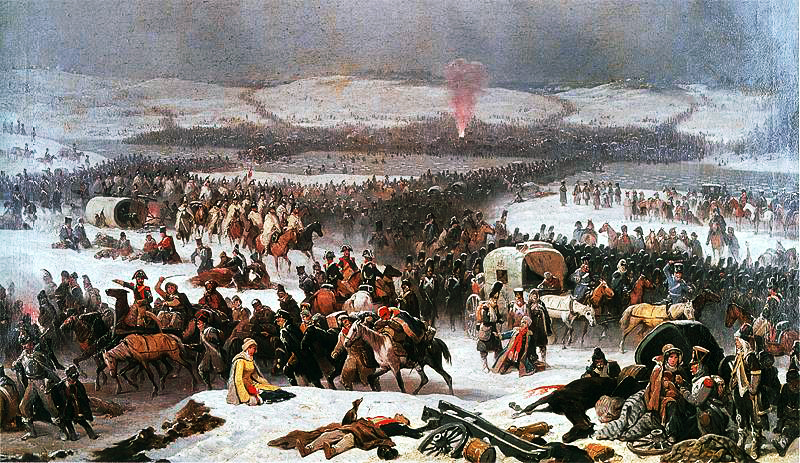 Russische Truppen schnitten im November an der Beresina die Hauptroutefür den Rückzug ab / Januari Suchodolski, „Die Grande Armée überquert die Beresina“, 1866