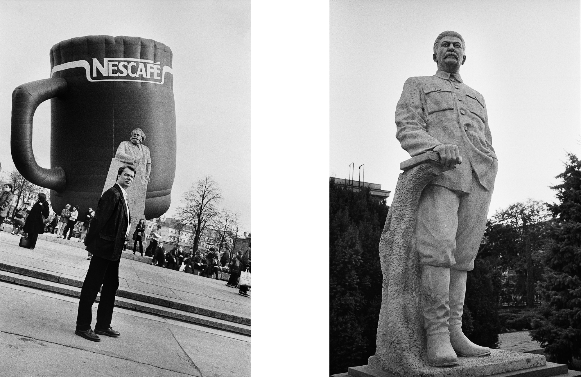 Linkes Foto – Karl Marx, Moskau, 2001 | Rechtes Foto – Josef Stalin, Gari, Georgien, 2017 / Fotos © Igor Mukhin