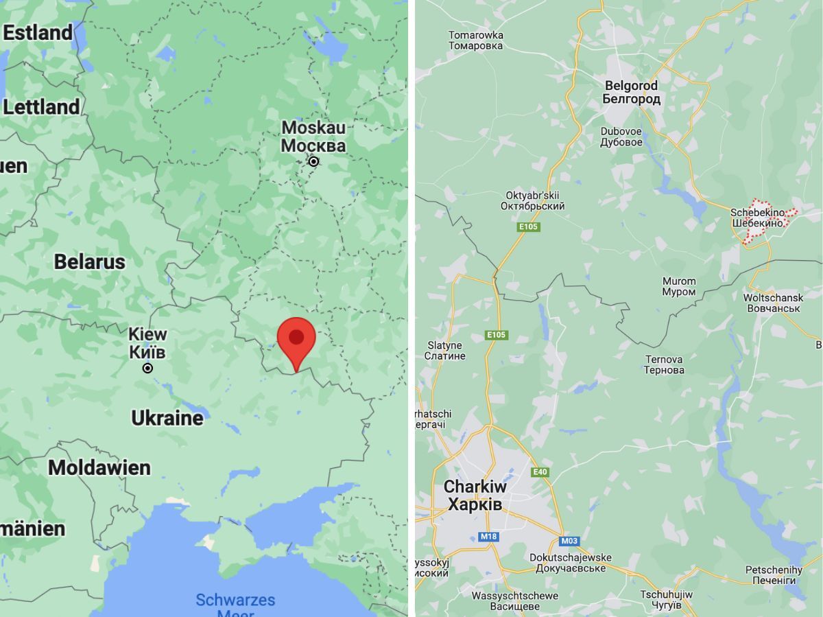 Schebekino liegt nur wenige Kilometer von der ukrainischen Grenze entfernt / Kartendaten © 2023 Google