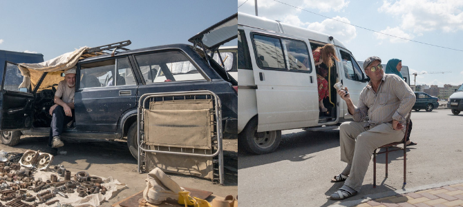 Links – Verkäufer auf einem Markt in Grosny, rechts – Gold- und Devisenhändler an einer Bushaltestelle in Grosny / Fotos © Dmitry Markov für Meduza