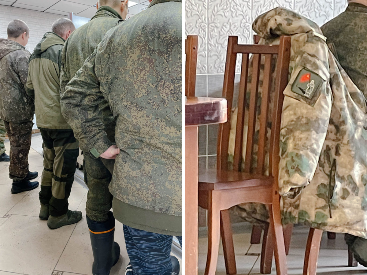  Anstellen zum Essen im Bunker / Foto rechts: Manche tragen Aufnäher am Ärmel – manche ein Z in der russischen Trikolore, manche die Oma mit der Sowjetflagge / Fotos © The New Tab