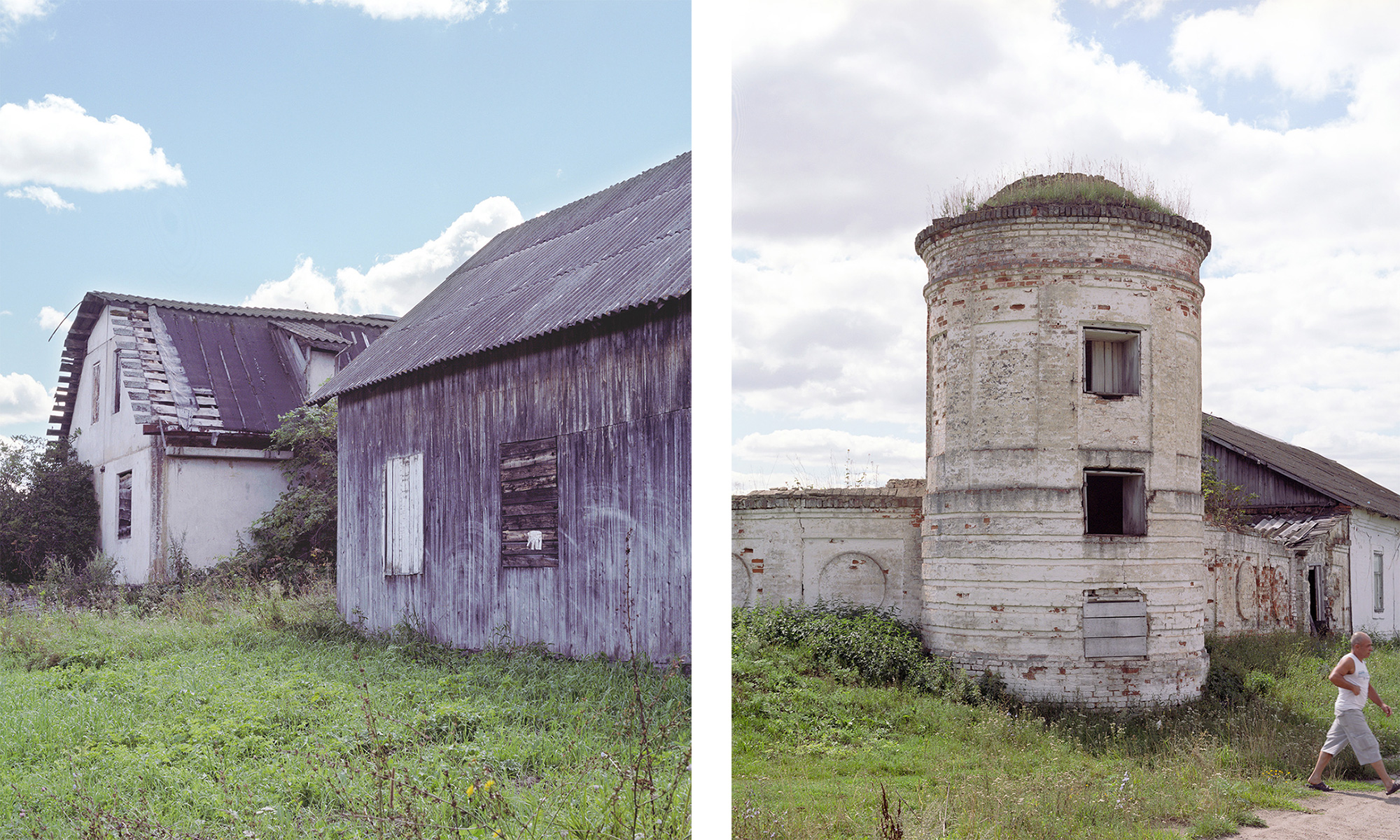 Слева: Деревня Велевашево. Справа: In der Ortschaft Golun. Pferdehof auf dem Gut der Grafen Golizyn