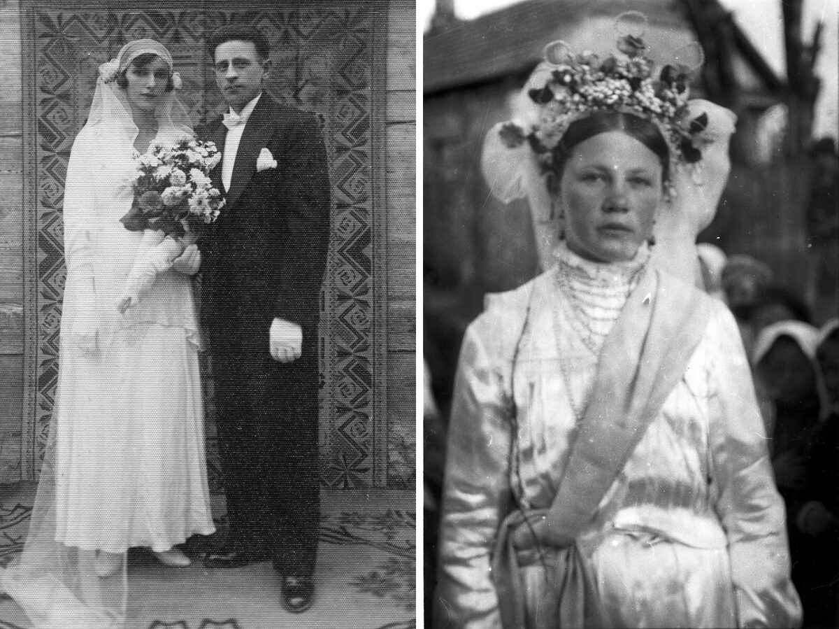 Links - 6. August 1933, Kamjanez, Oblast Brest. Aus dem Archiv von Andrej Astašenia. Rechts - 1936, Polesien. Traditionelles Hochzeitskleid. Foto von Zofja Chamiantoŭskaja. Aus dem Archiv der Stiftung für Archäologie der Fotografie