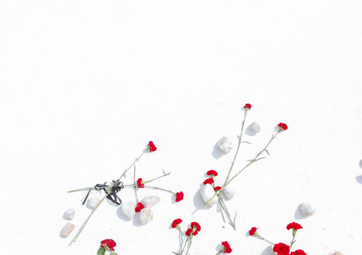 Blumen und Steine, die die Gedenkstätte im Wald von Blagowschtschina bei der Eröffnung schmückten, Minsk 2018 / © Foto Maxim Sarychau