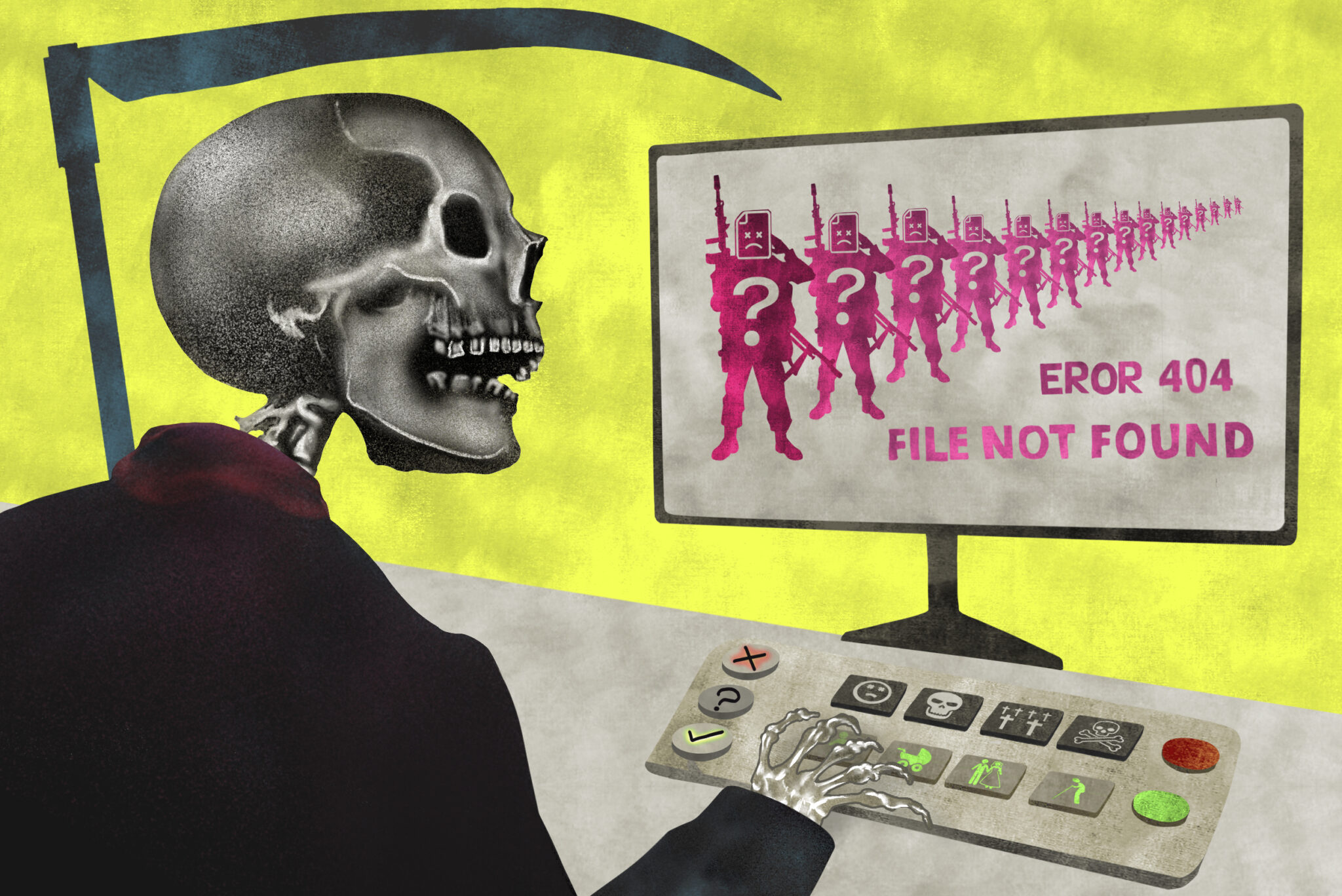 Seit März 2022 bearbeiten russische Gerichte schon fast 3000 Klagen, um Militärangehörige, die auf dem Schlachtfeld geblieben sind, für tot oder verschollen zu erklären. Die kommen ebenso häufig von Familien wie von Kommandeuren. Illustration © Catherine Popov/Verstka