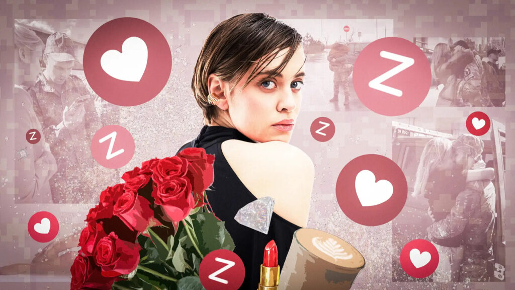Maria Tschadina hat auf Instagram fast 400.000 Follower: Die Influencerin verbreitet neben Beauty-Tipps auch krude Kriegspropaganda. Illustration © Novaya Gazeta Europe