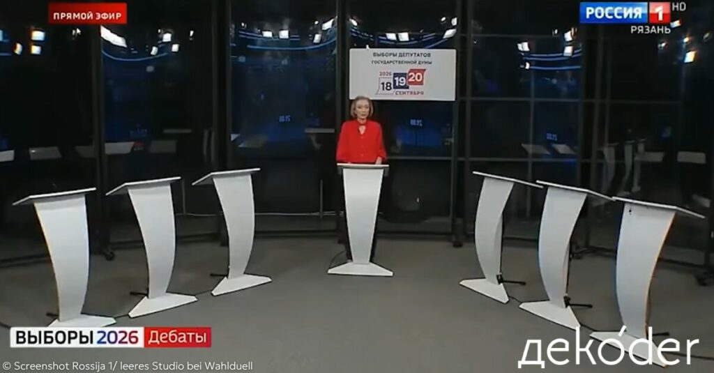 „Die Kandidaten sind nicht im Studio erschienen. Deshalb verabschiede ich mich.“ Debatten und Duelle zur Dumawahl finden 2026 kaum statt, der Kreml setzt auf Wahldemobilisierung. Foto / Screenshot © Propagandakanal Rossija 1
